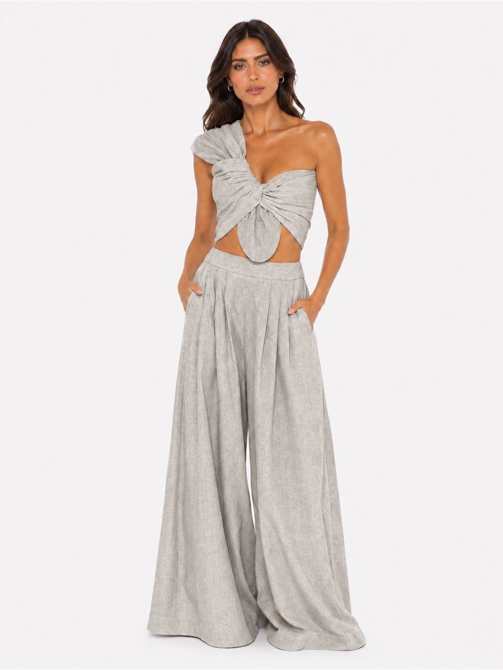 Just be Queen Twist One-Shoulder Crop Top & Wide-Leg Pants Set - Light Gray